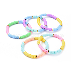 Stretch Bracelets, with Handmade Polymer Clay Heishi Beads and Brass Spacer Beads, Mixed Color, 2-1/8 inch(5.3cm)