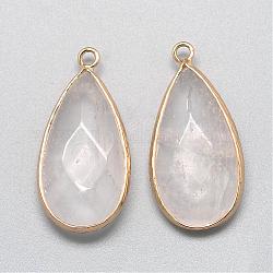 Pendentifs de cristal de quartz naturel, cristal de roche, avec les accessoires en laiton de tonalité d'or, facette, larme, clair, 32.5~33x16x6mm, Trou: 2.5mm
