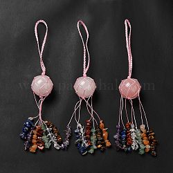 Decoraciones colgantes redondas de cuarzo rosa natural, Adorno colgante de cordón de nailon con chips de piedras preciosas de chakra, 205mm