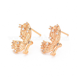 Brass Micro Pave Clear Cubic Zirconia Earring Findings, Nickel Free, Butterfly, Real 18K Gold Plated, 15x12mm, Hole: 0.8mm, Pin: 0.8mm