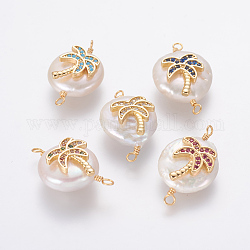 Natural Cultured Freshwater Pearl Pendants, with Brass Micro Pave Cubic Zirconia Findings, Nuggets with Coconut Tree, Golden, Mixed Color, 20~25x11~14x6~9mm, Hole: 1.8mm