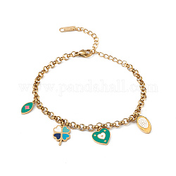 Colorful Enamel Horse Eye & Clover & Heart Charm Bracelet, Ion Plating(IP) 304 Stainless Steel Jewelry for Women, Golden, 6-7/8 inch(17.4cm)