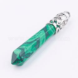 Synthetic Malachite Big Pendants, Dyed, with Platinum Color Brass Findings, Bullet, 58~66x11mm, Hole: 4x6mm