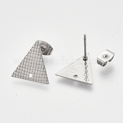 304 Stainless Steel Stud Earring Findings, with Ear Nuts/Earring Backs, Triangle, Stainless Steel Color, 13.5x13mm, Hole: 1mm, Pin: 0.7mm