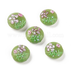Chapelets de perles vernissées manuelles, plat et circulaire avec fleur, vert jaune, 17~20.5x10~14mm, Trou: 1.4mm