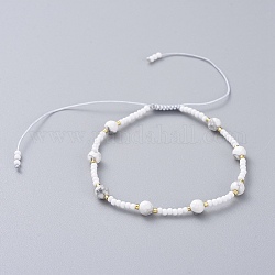 Braccialetti di perline intrecciati regolabili, con filo di nylon, Perline semi di vetro, perle di Howlite naturale, 2 pollice ~ 3-3/4 pollici (5~9.7 cm)
