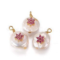 Pendentifs de perles d'eau douce de culture naturelle, avec les accessoires de zircone et en laiton cubes, plat et circulaire avec fleur, or, fuchsia, 17~18x12~14mm, Trou: 1.6mm