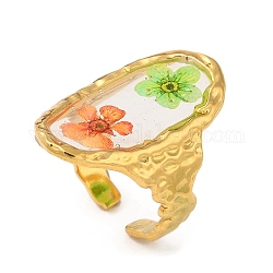 Oval Epoxy Resin with Dry Flower Cuff Rings, Ion Plating(IP) 316 Surgical Stainless Steel Finger Ring, Real 18K Gold Plated, US Size 7 1/4(17.5mm)