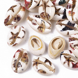 Perles de coquillage cauri naturelles imprimées, pas de trous / non percés, avec motif d'organisme marin, colorées, 18~25x12~15x7mm