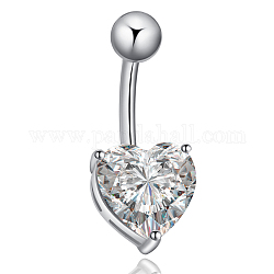Platinum Plated Body Jewelry Heart Cubic Zirconia Brass Navel Ring Navel Ring Belly Rings, with 304 Stainless Steel Bar, Clear, 25x10mm, Bar Length: 3/8