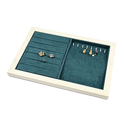 Expositores rectangulares de anillos y collares de tela de microfibra, Soporte organizador de joyas con base de madera de pino blanco., cerceta, 24.3x34.8x2.45 cm