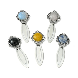 Flower Tibetan Style Alloy Bookmark Clips, Mixed Natural Gemstone Bookmarks, 82x31x8mm
