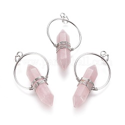 Fil de quartz rose naturel enveloppé de gros pendentifs, pointu à double terminaison, avec les accessoires en laiton, balle, platine, 53~55x30~32x11.5mm, Trou: 7.5x4mm
