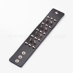 Bracelets rivet en cuir de vachette style punk rock, avec accessoires en alliage et en fer, noir, 230x41x2 mm (9 pouces x 1-5/8 pouces)