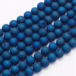 Electroplate Natural Druzy Agate Beads Strands, Dyed, Round, Frosted, Blue Plated, 10mm, Hole: 1mm, about 38pcs/strand, 15.7 inch(40cm)