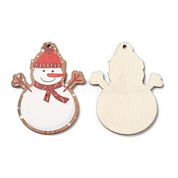 Colgantes grandes de madera con estampado navideño de una cara, encantos de muñeco de nieve, rojo, 55x43x2.5mm, agujero: 2 mm