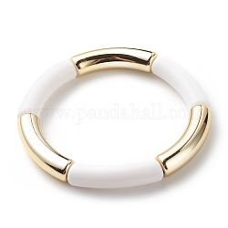 Bracciale elasticizzato con perline in tubo curvo acrilico per donna, bianco, diametro interno: 2-1/8 pollice (5.3 cm)