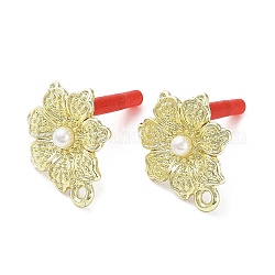 Rack Plating Alloy Flower Stud Earrings Finding, with ABS Imitation Pearl & Horizontal Loops & and 304 Stainless Steel Pin, Cadmium Free & Nickel Free & Lead Free, Golden, 17x14.5mm, Hole: 1.5mm, Pin: 0.6mm