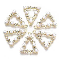 Pendente in lega, con strass di cristallo e perle di plastica imitazione abs, triangolo, oro chiaro, 25x20x5.5mm, Foro: 1.5 mm