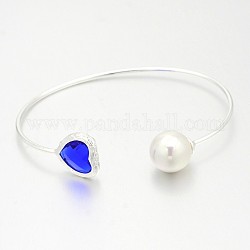Bracelets de manchette en laiton plaqué couleur argent sans nickel, bracelets de couple, avec perle acrylique ronde, bleu, 50x64mm