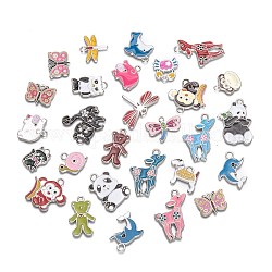 Alloy Enamel Pendants, Mixed Shapes, Animal, Platinum, Mixed Color, about 17~30mm wide, 15~32mm long, 1.5mm thick, hole: 1.5~3mm