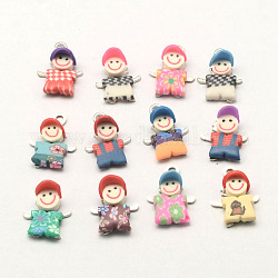 Mixed Styles Handmade Zinc Alloy Polymer Clay Little Boy Pendants, Platinum Metal Color, Mixed Color, 19.5x14x6mm, Hole: 2mm