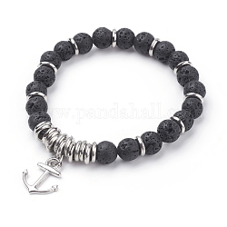 Natural Lava Rock Charm Bracelets, with Alloy Anchor Pendants and CCB Plastic Beads, Platinum, 2-1/8 inch(53mm)