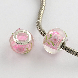 Perles européennes rondes vernissées à gros trou, avec noyaux en laiton plaqué couleur argent, perle rose, 14~15x10~11mm, Trou: 5mm