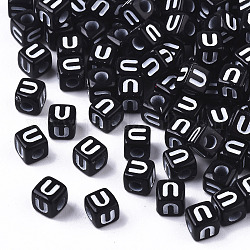 Perles acryliques opaques, trou horizontal, style alphabet, cube, noir et blanc, letter.u, 5x5x5mm, Trou: 2mm, environ 500 pcs/50 g