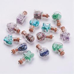 Clear Glass Bottle Natural & Synthetic Mixed Stone Pendant Decorations, with Iron Findings, Star, 31~33x14~22x11~14mm, Hole: 2mm
