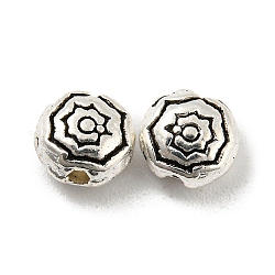 Tibetan Style Alloy Beads, Lead Free & Cadmium Free, Flat Round with Flower, Antique Silver, 5.5~6x3~3.5mm, Hole: 0.8mm, about 3225pcs/1000g