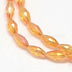 Electroplate Crystal Glass Rice Beads Strands, Faceted, Rainbow Color Plated, Orange Red, 4x9mm, Hole: 1mm, about 58pcs/strand, 20.4 inch