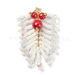 Pendentifs en perles miyuki rocailles, avec perle de verre rond perlé, breloques de feuilles, blanc, 36~38x25~27x8mm, Trou: 0.7mm
