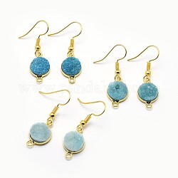 Natural Druzy Quartz Crystal Earring Hooks, with Brass Findings and Vertical Loop, Flat Round, Golden, Sky Blue, 36~39mm, Hole: 2mm, 21 Gauge, Pin: 0.7mm