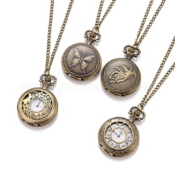 Ретро сплава открываться кварц карманные часы кулон ожерелье, с железными цепочками, античная бронза, 30.7~32.3 дюйм, Циферблат часов: 50~52.5x39~40x13~15.5 мм, лицо часов : 28 мм