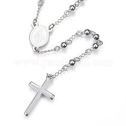 Collares de cuentas de rosario de 304 acero inoxidable, con el colgante de la cruz y los corchetes de la garra de langosta, color acero inoxidable, 25.6 pulgada (65 cm)