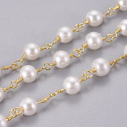 Cadenas de cuentas de perlas imitaion acrílicas hechas a mano, sin soldar, con fornituras de latón, Plateado de larga duración, redondo, con carrete, blanco floral, dorado, 14~14.5x6.5mm