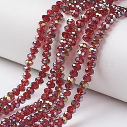 Placcare trasparente perle di vetro fili, placcato in mezzo verde, sfaccettato, rondelle, rosso scuro, 4x3mm, Foro: 0.4 mm, circa 130pcs/filo, 16.54 pollici (42 cm)