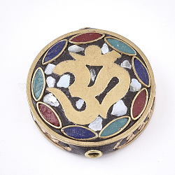 Perles Indonésiennes manuelles, avec les accessoires en laiton, plat rond avec symbole om, or, colorées, 30x28~29x7.5~8mm, Trou: 2mm