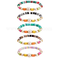 5Pcs 5 Colors Polymer Clay Heishi Beaded Stretch Bracelets Sets, with Natural Pearl Beads, Brass Beads and Velvet Bags, Golden, Mixed Color, Inner Diameter: 2-3/8 inch(6.1cm), 1pc/color