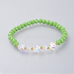 Stretch Bracelets, with Glass Beads and Brass Spacer, Lime, 2-1/8 inch(5.3cm)