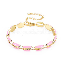 Bracelet chaîne à maillons en laiton micro pavé de zircone cubique pour femme, bracelets ovales en émail, sans nickel, véritable 18k plaqué or, perle rose, 6-7/8 pouce (17.5 cm), 7mm