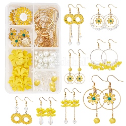 Sunnyclue 198pcs diy kits de fabricación de aretes estilo flor amarilla, incluyendo colgantes de aleación de flores, Abalorios de vidrio, Fornituras de latón, anillo de salto de hierro y pasadores, dorado
