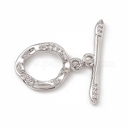 Brass Micro Pave Clear Cubic Zirconia Toggle Clasps, Textured Ring, Real Platinum Plated, Ring: 17.5x13x2mm, Hole: 1.8mm, Bar: 24.5x5x2mm, Hole: 1.8mm