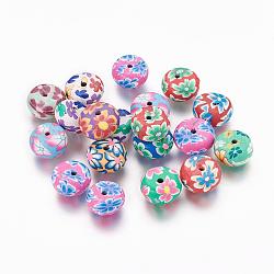 Argile polymère main perles rondes plat, avec motif de fleurs, couleur mixte, 11~12x6~7mm, Trou: 1.8~3mm