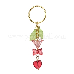 Bowknot & Heart Glass Pendant Decorations, with Acrylic Leaf/Flower Charm amd Iron Split Key Rings, Red, 8.8cm