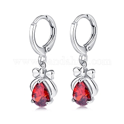Platinum Tone Stainless Steel Dangle Earrings, with Cubic Zirconia, Red, 26x9mm