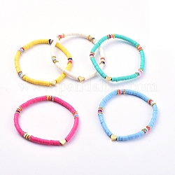 Handmade Polymer Clay Heishi Bead Stretch Bracelets, with Heart Brass Beads and Alloy Spacer Beads, Mixed Color, 2-1/8 inch(5.3cm)