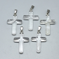 Watermelon Stone Glass Pendants, with Stainless Steel Snap On Bails, Cross, Stainless Steel Color, 44~46x28x8mm, Hole: 3~4x7~8.5mm