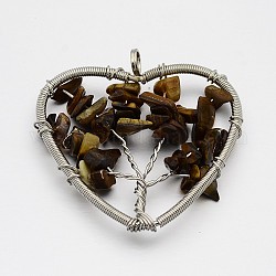 Pendenti della pietra preziosa in ottone, cuore con l'albero della vita, platino, 46~50x48~53x10mm, Foro: 5 mm